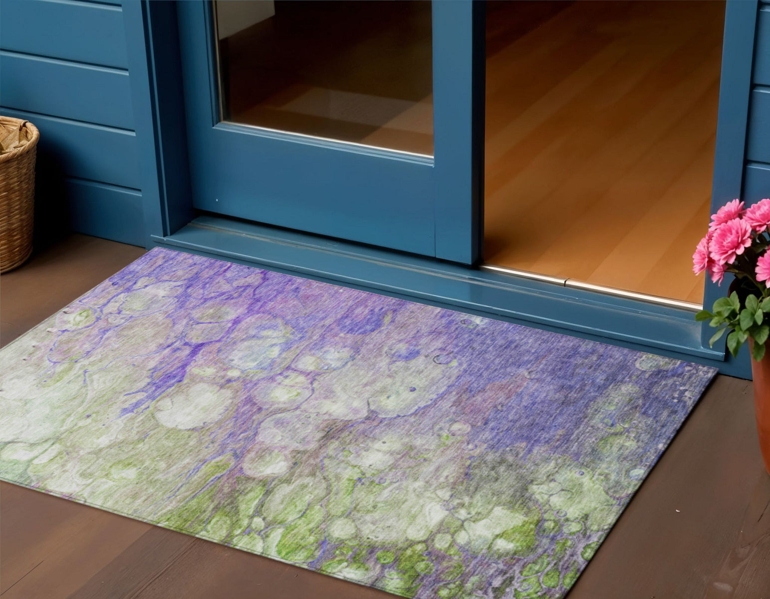 3 X 5 Purple Lilac And Artichoke Green Abstract Washable Indoor Outdoor Area Rug