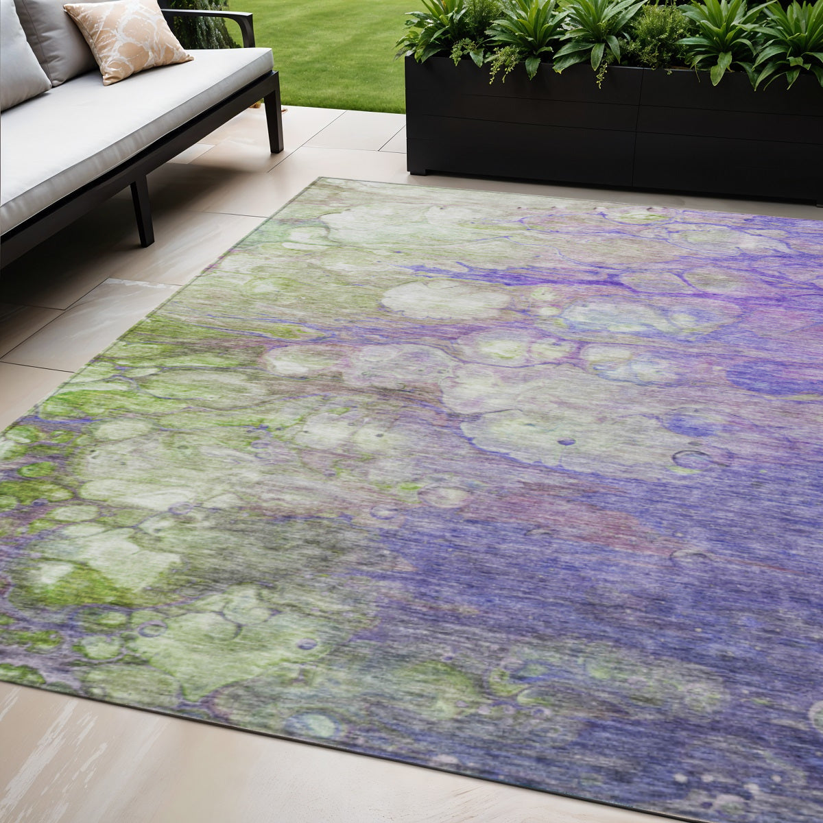 5 X 8 Purple Lilac And Artichoke Green Abstract Washable Indoor Outdoor Area Rug