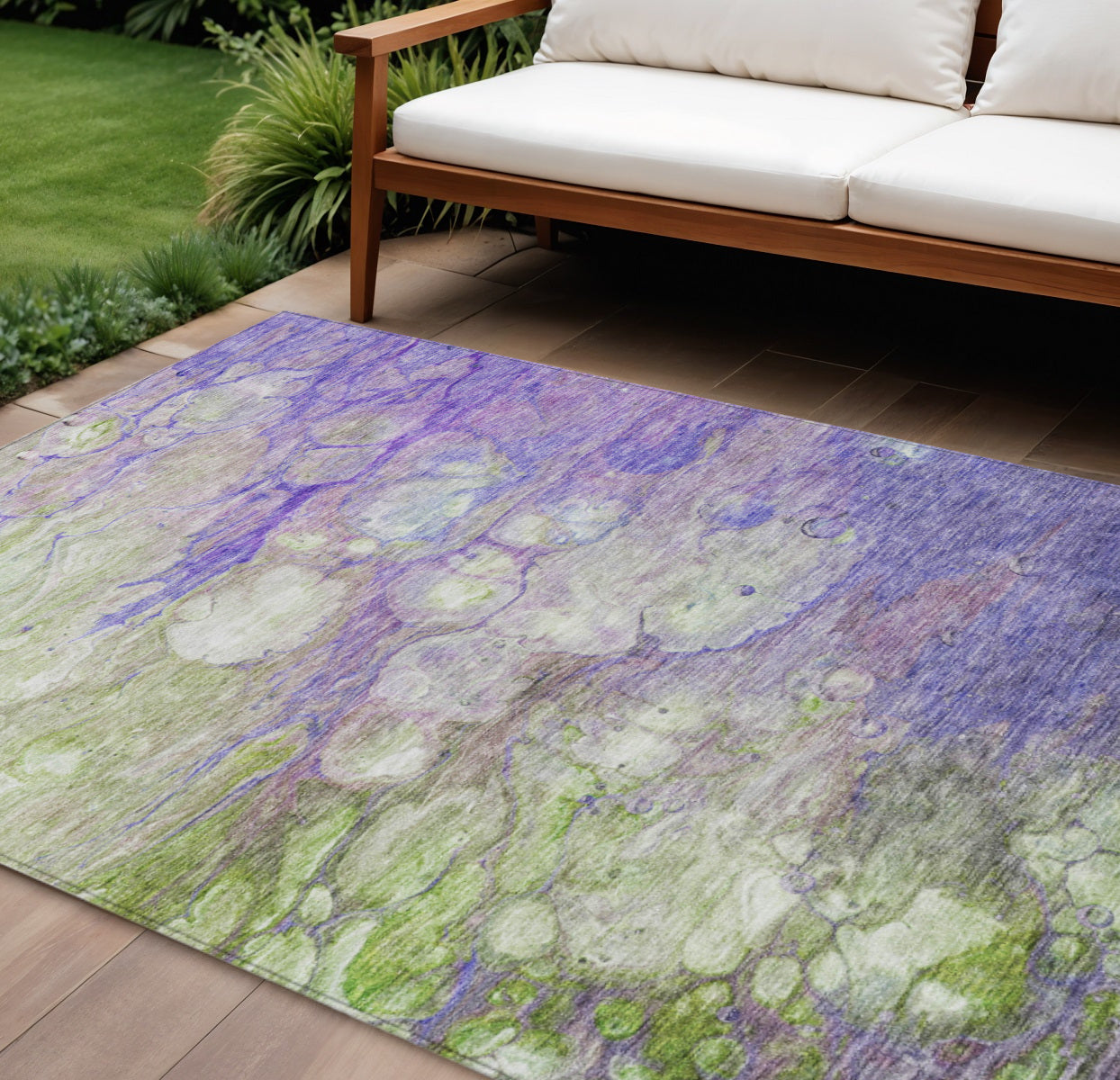 8 X 10 Purple Lilac And Artichoke Green Abstract Washable Indoor Outdoor Area Rug