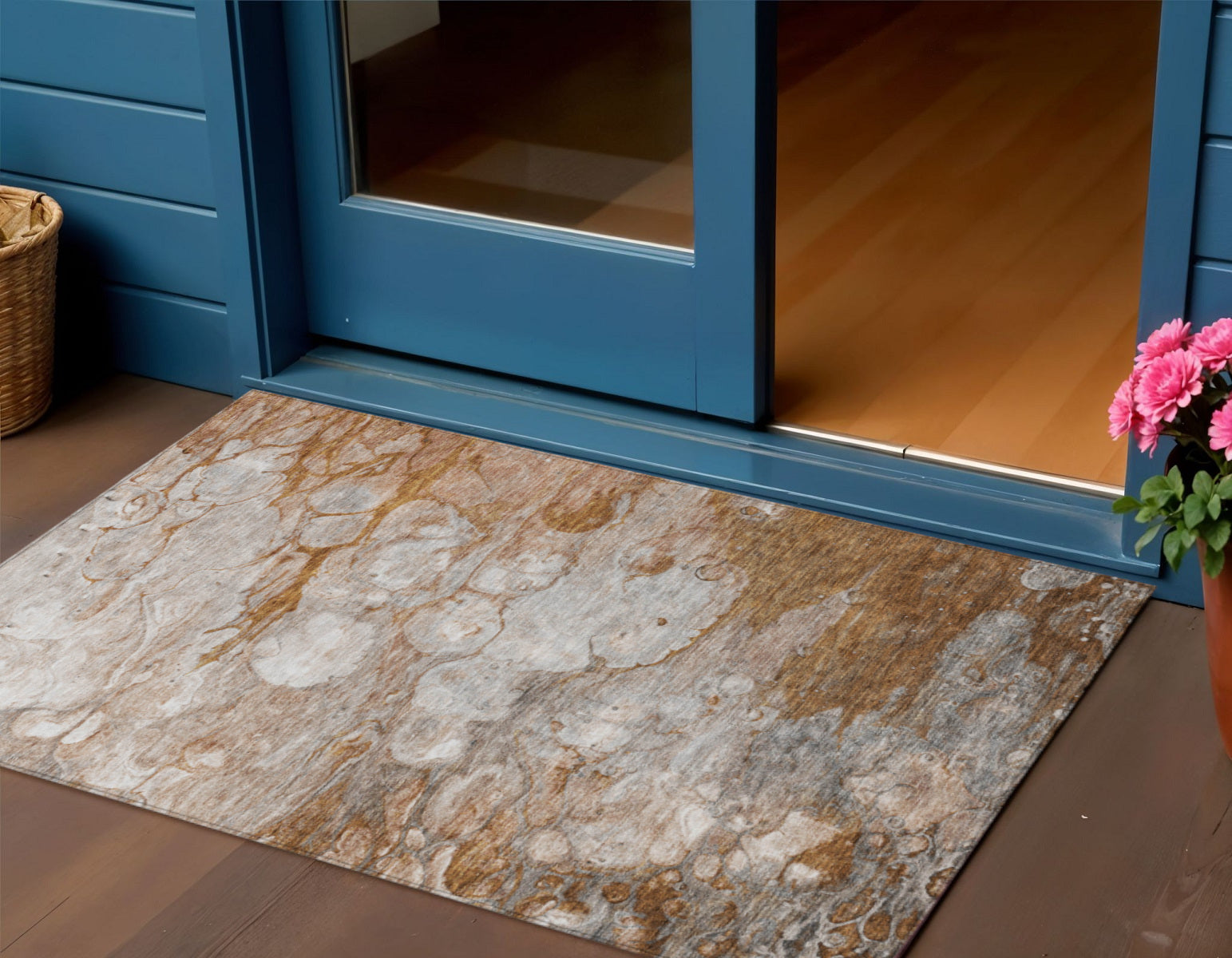 3 X 5 Terra Cotta Gray And Silver Abstract Washable Indoor Outdoor Area Rug