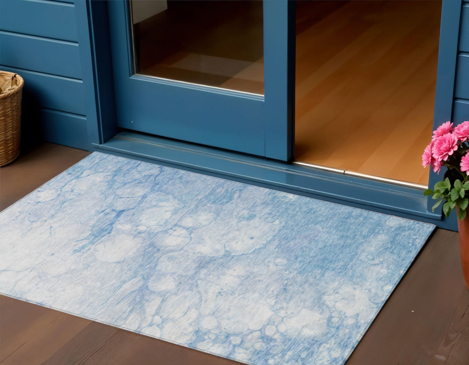 3 X 5 Sky Blue Denim Blue And Silver Abstract Washable Indoor Outdoor Area Rug