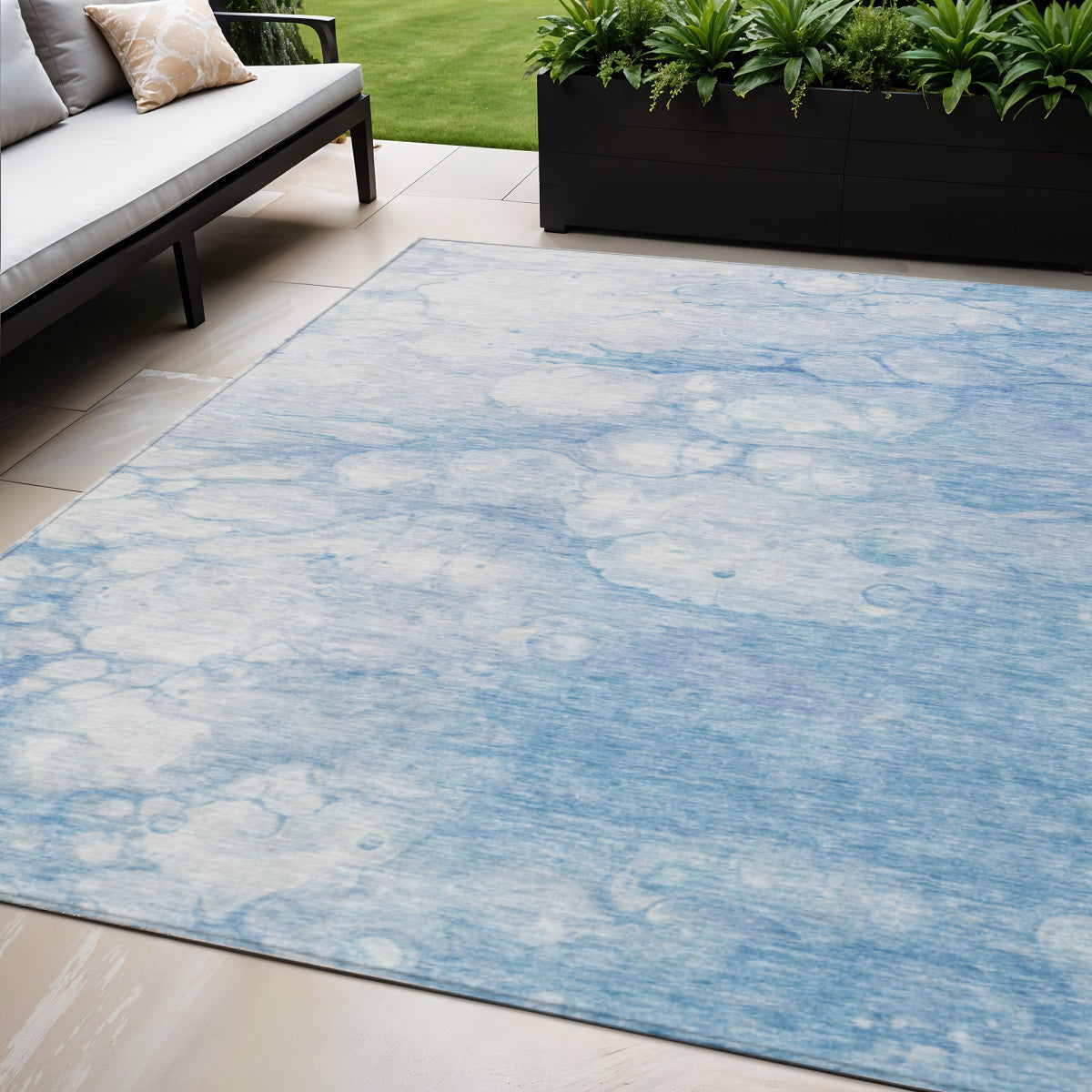 5 X 8 Sky Blue Denim Blue And Silver Abstract Washable Indoor Outdoor Area Rug