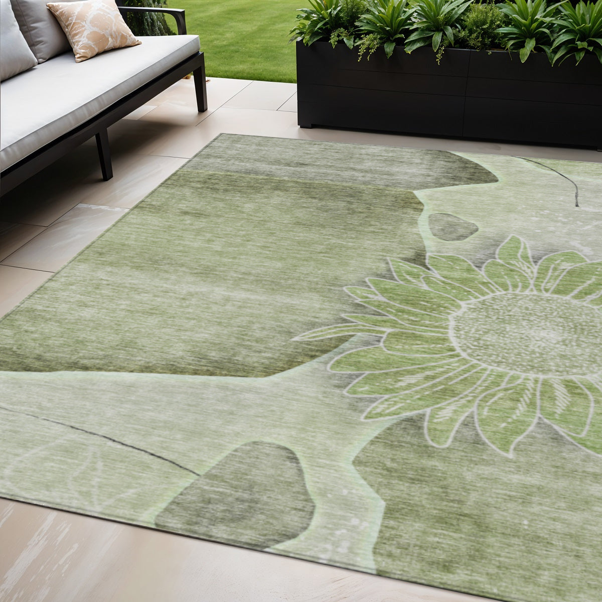 5 X 8 Artichoke Green And Gray Floral Washable Indoor Outdoor Area Rug