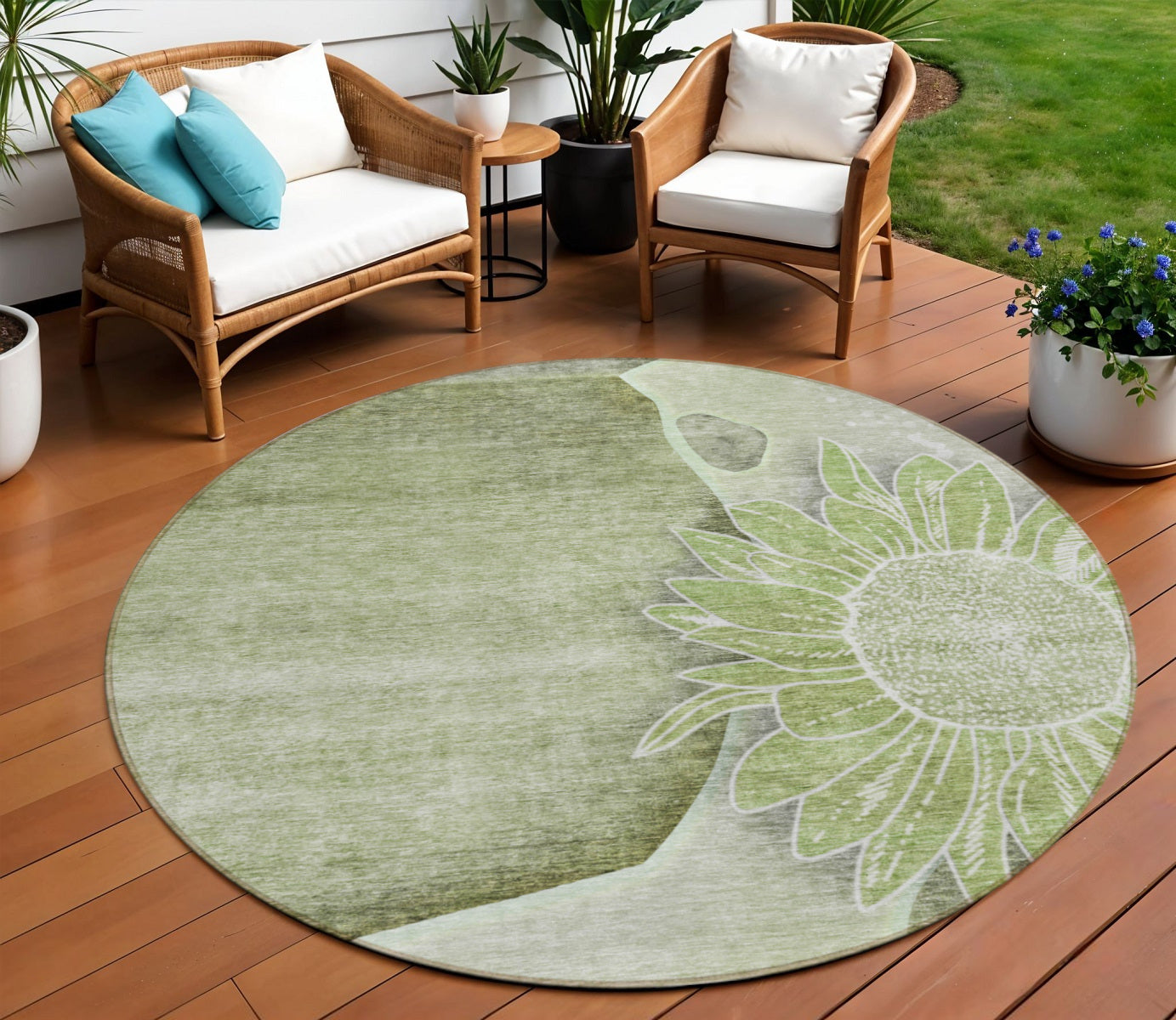 8 Artichoke Green And Gray Round Floral Washable Indoor Outdoor Area Rug