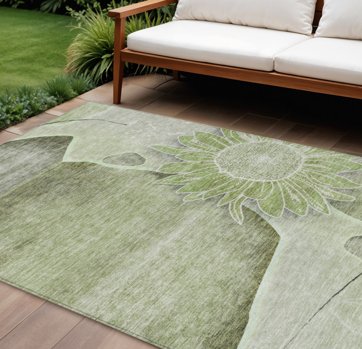 9 X 12 Artichoke Green And Gray Floral Washable Indoor Outdoor Area Rug