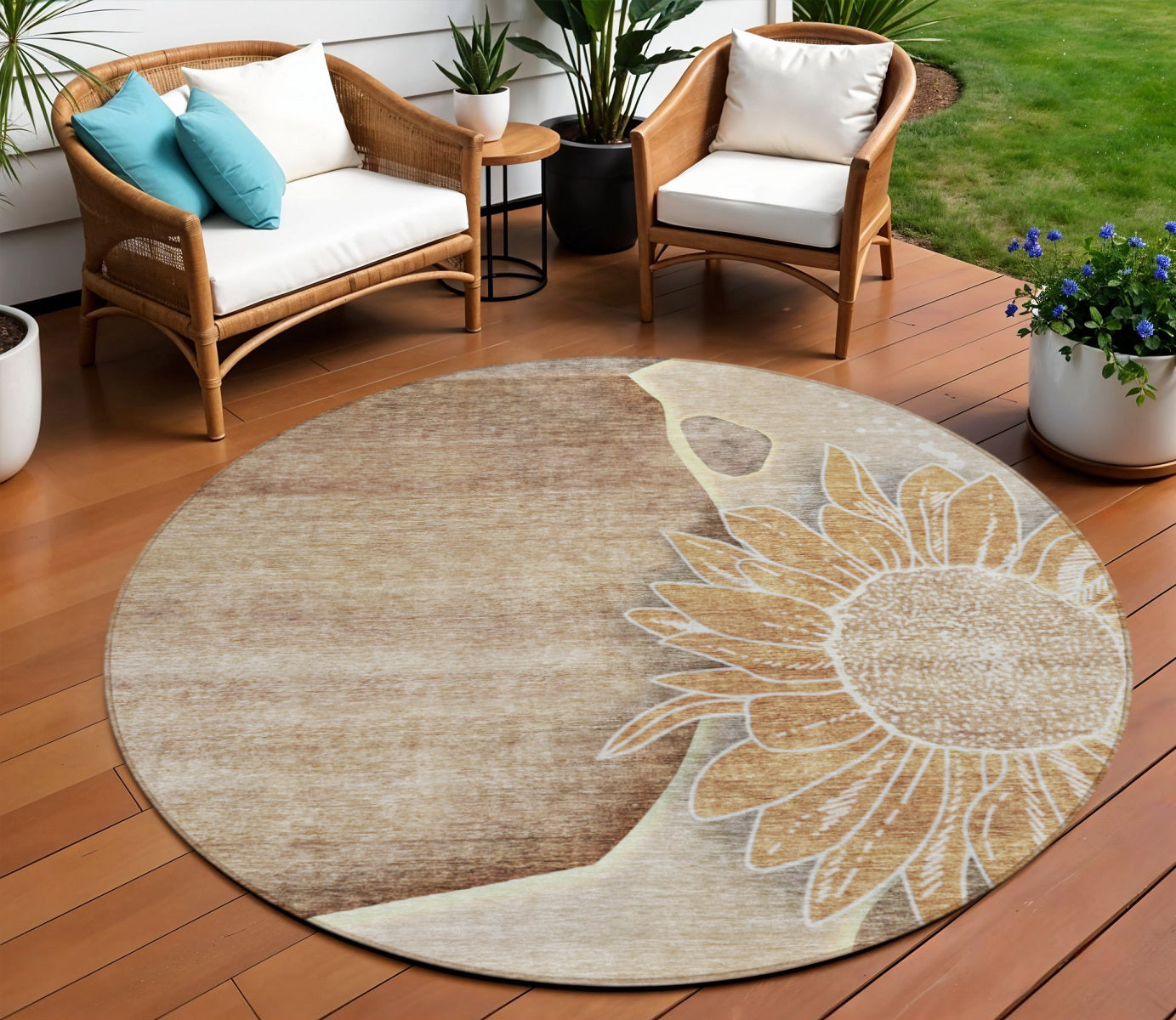 8 Brown Beige And Taupe Round Floral Washable Indoor Outdoor Area Rug