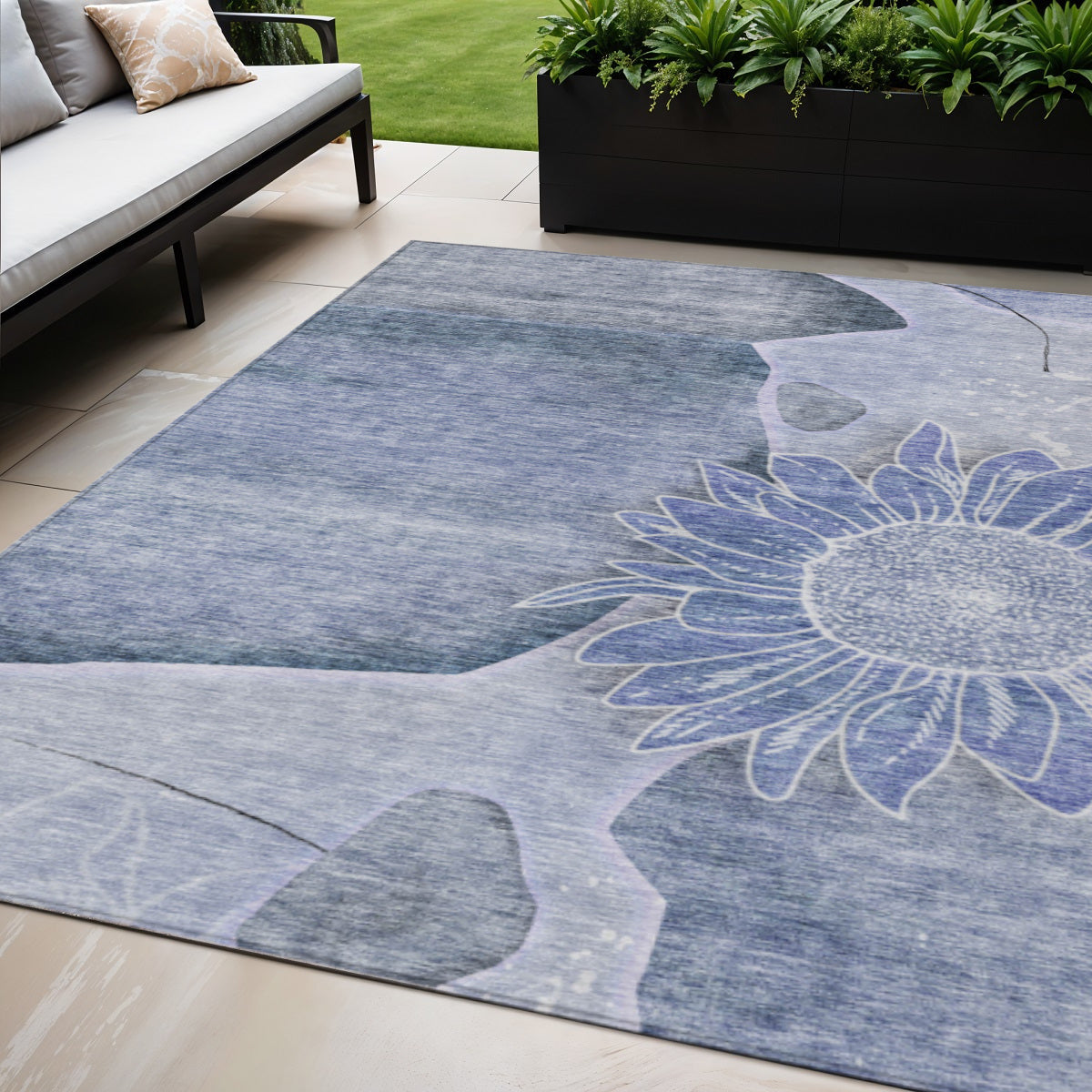 5 X 8 Sky Blue And Indigo Floral Washable Indoor Outdoor Area Rug