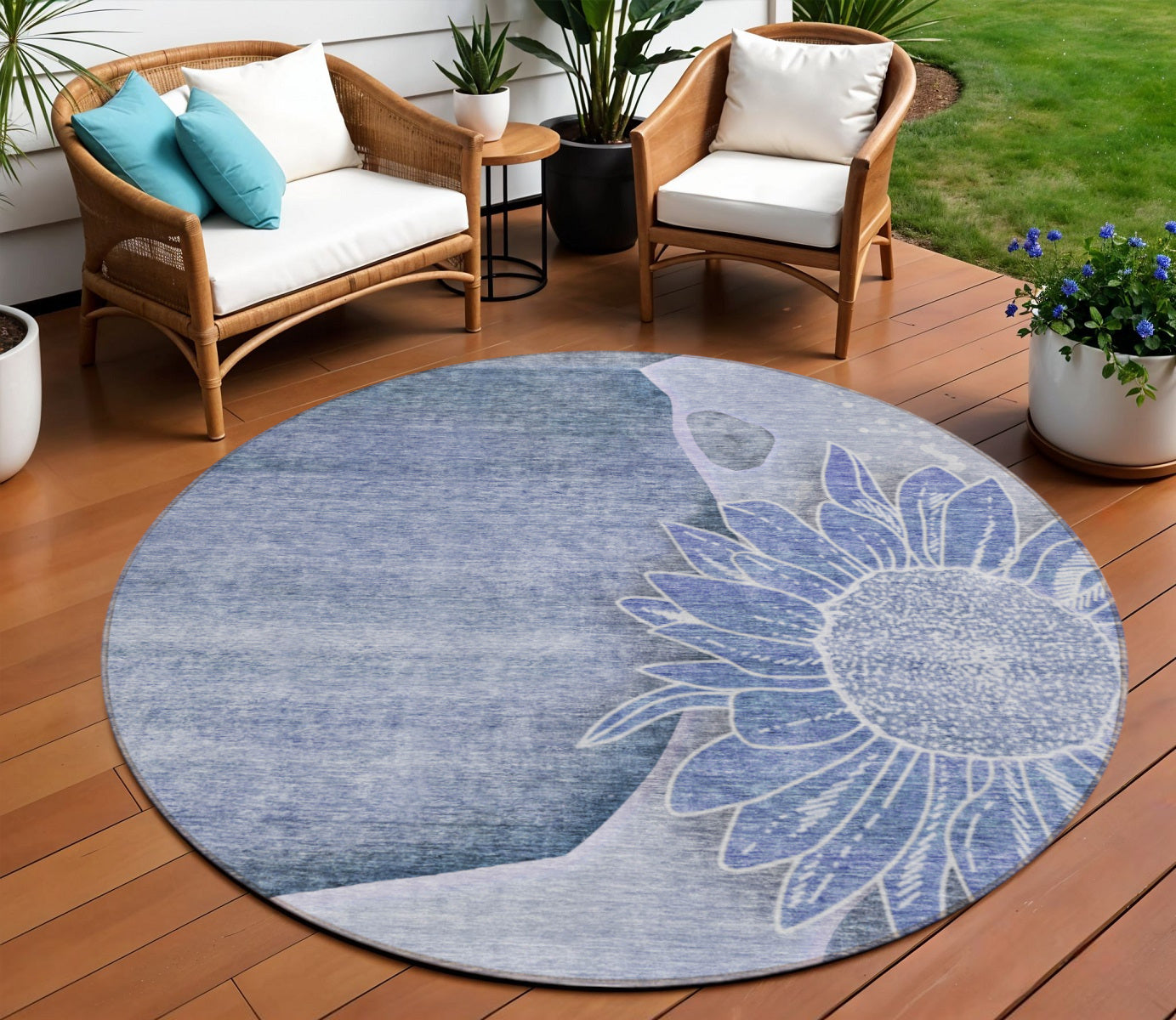 8 Sky Blue And Indigo Round Floral Washable Indoor Outdoor Area Rug