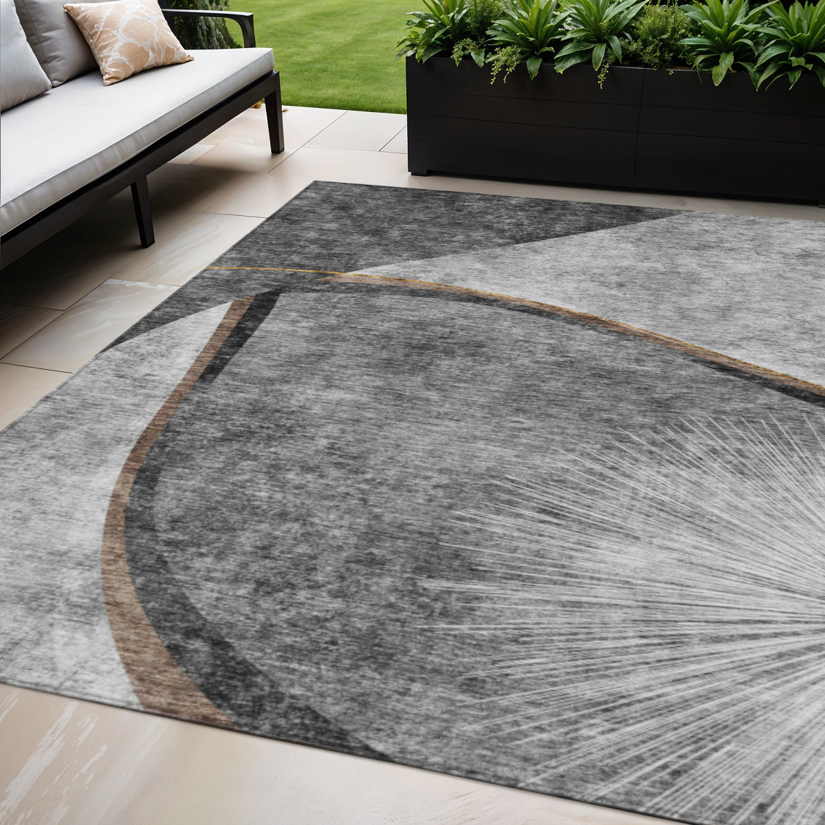 5 X 8 Gray Chocolate And Silver Abstract Washable Indoor Outdoor Area Rug