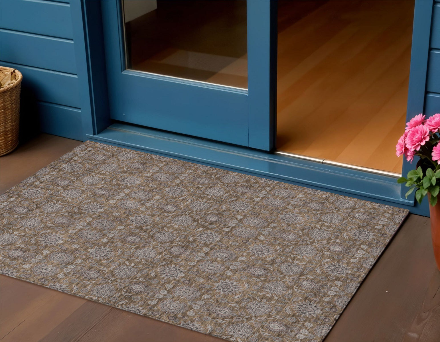 3 X 5 Chocolate And Gray Floral Washable Indoor Outdoor Area Rug