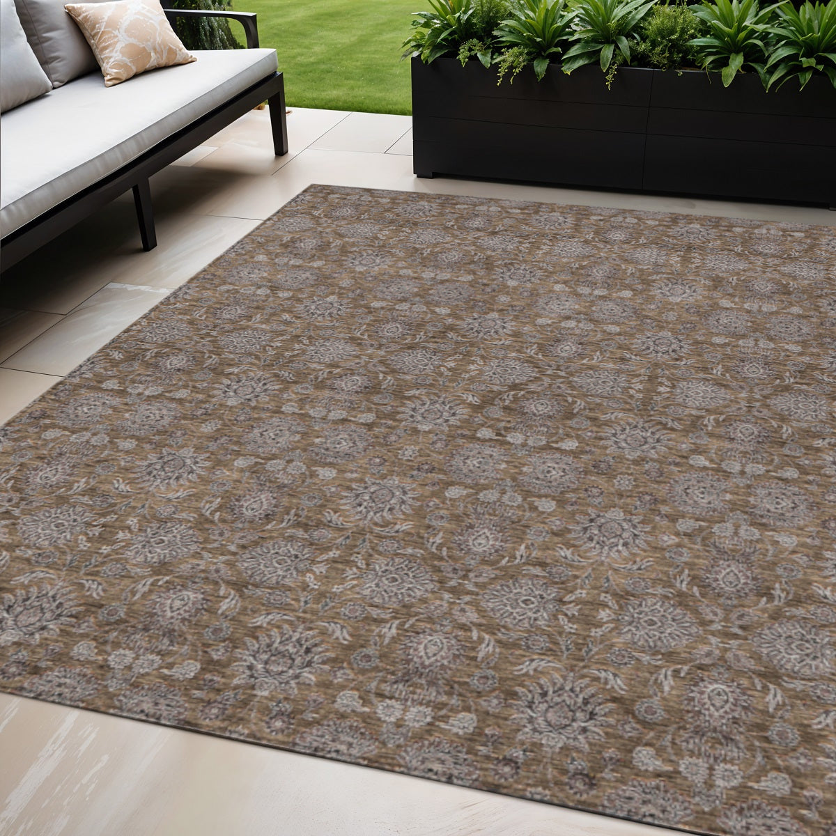 5 X 8 Chocolate And Gray Floral Washable Indoor Outdoor Area Rug