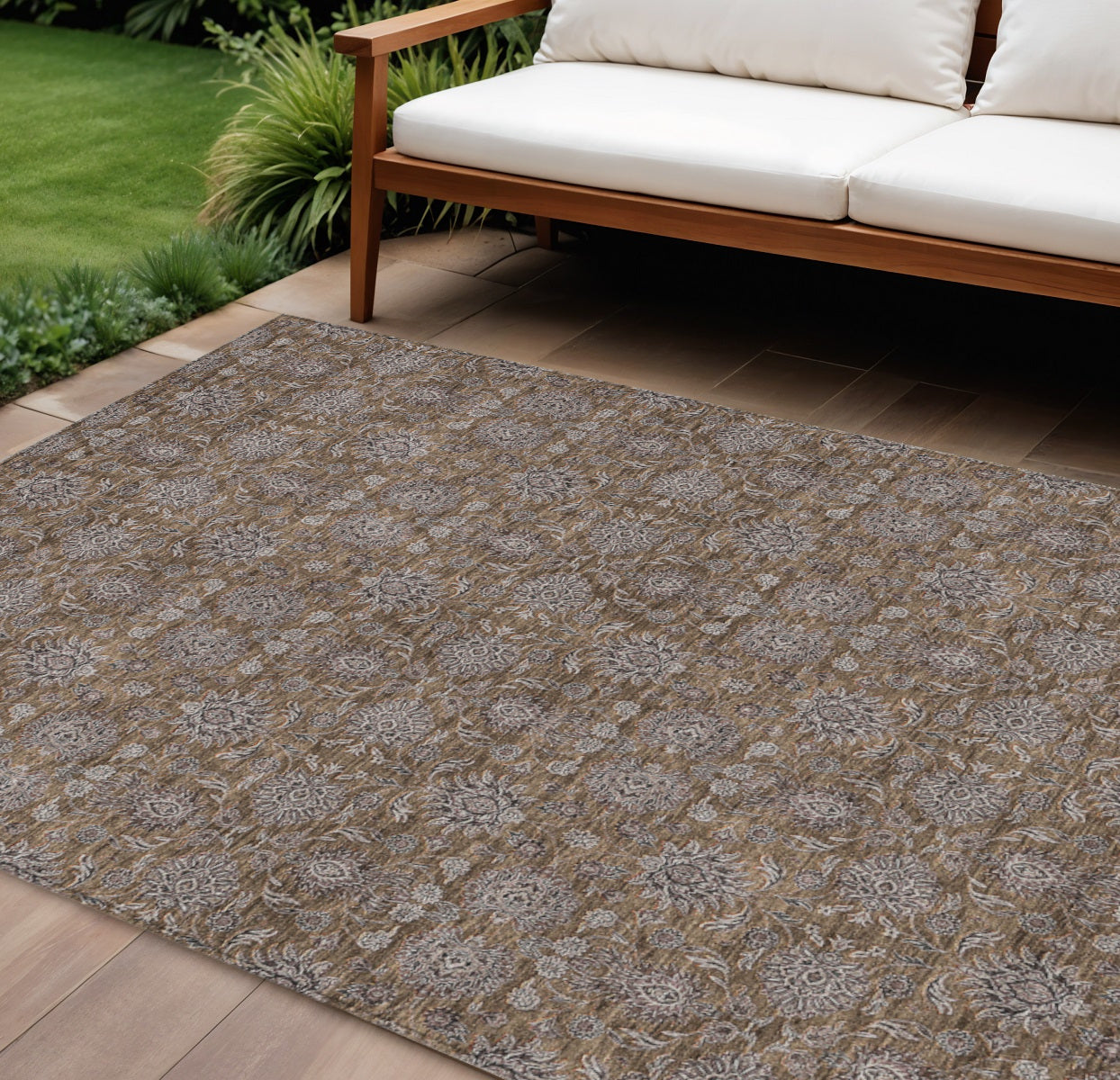 9 X 12 Chocolate And Gray Floral Washable Indoor Outdoor Area Rug