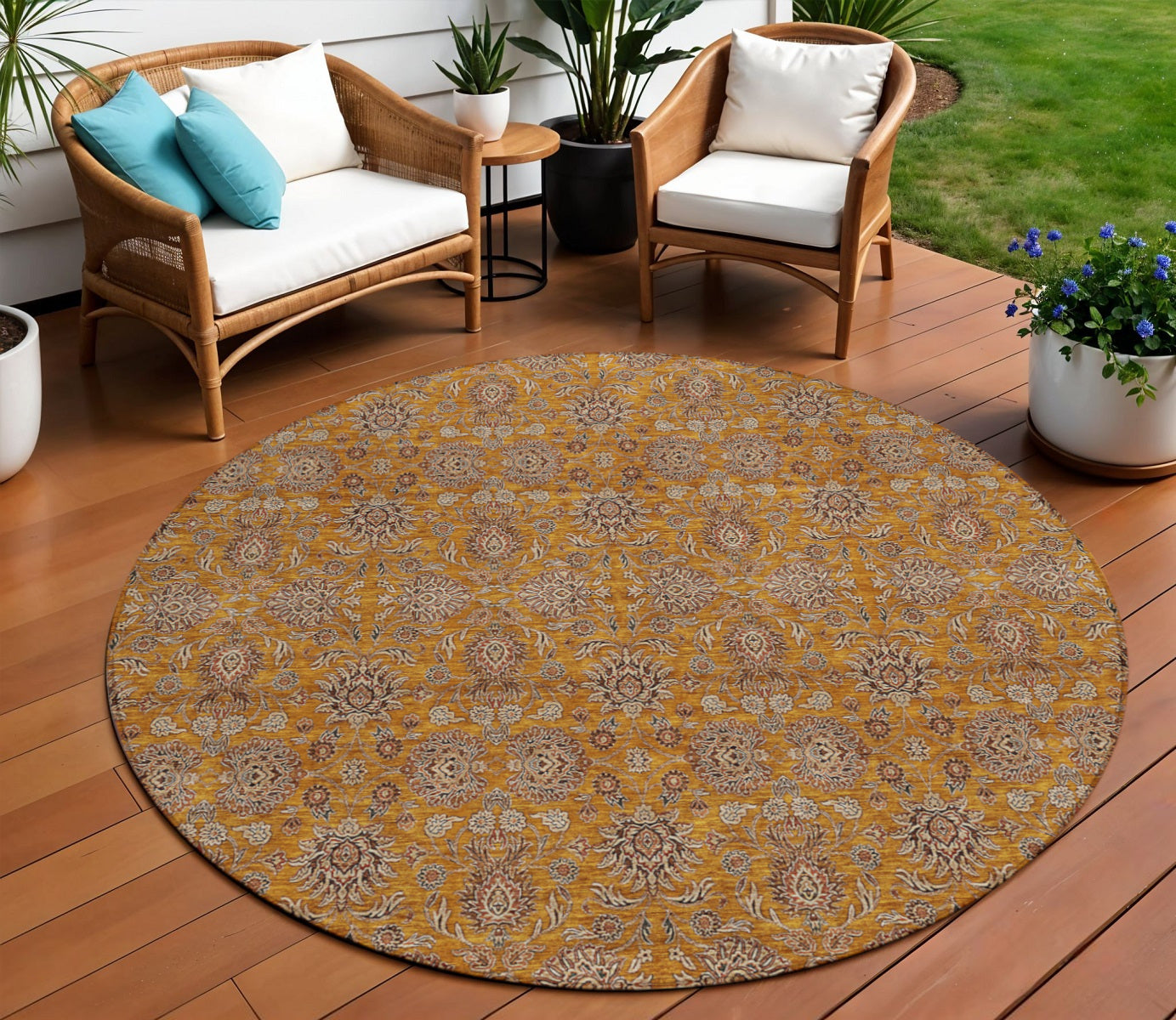 8 Copper Beige And Taupe Round Floral Washable Indoor Outdoor Area Rug