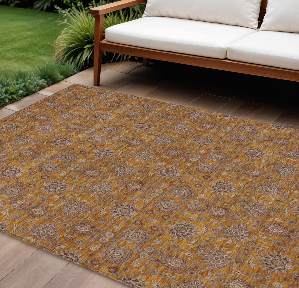 10 X 14 Copper Beige And Taupe Floral Washable Indoor Outdoor Area Rug