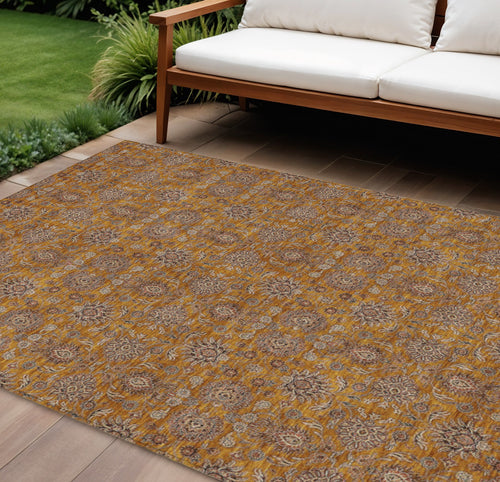 10 X 14 Copper Beige And Taupe Floral Washable Indoor Outdoor Area Rug