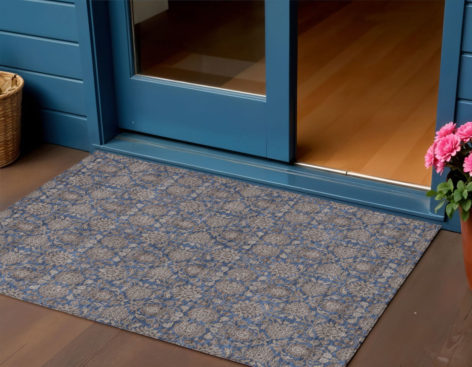 3 X 5 Navy Blue Beige And Taupe Floral Washable Indoor Outdoor Area Rug