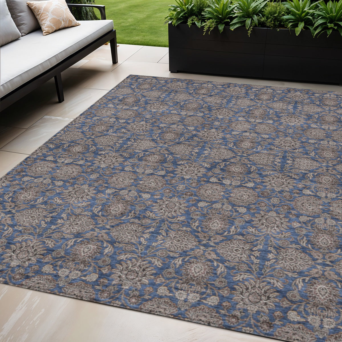 5 X 8 Navy Blue Beige And Taupe Floral Washable Indoor Outdoor Area Rug