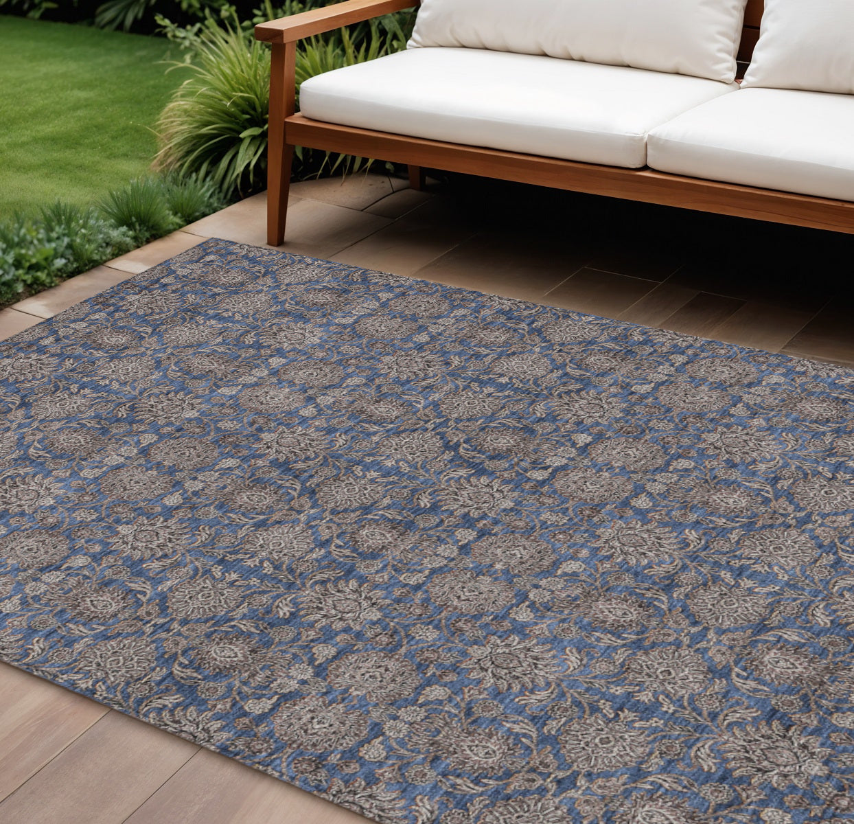 8 X 10 Navy Blue Beige And Taupe Floral Washable Indoor Outdoor Area Rug