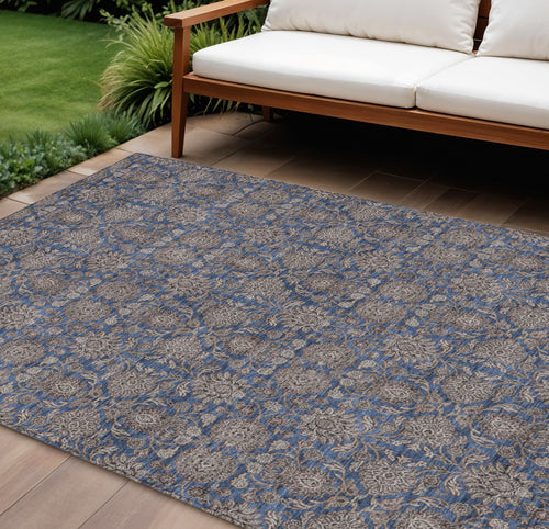 10 X 14 Navy Blue Beige And Taupe Floral Washable Indoor Outdoor Area Rug