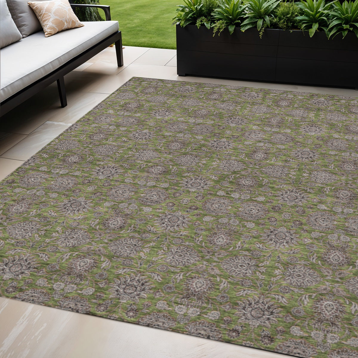 5 X 8 Olive Green Beige And Taupe Floral Washable Indoor Outdoor Area Rug