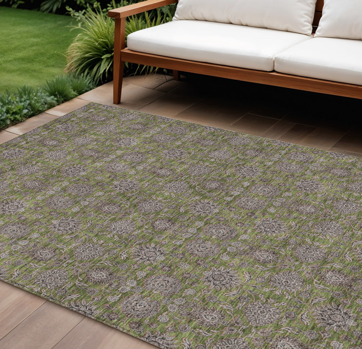 8 X 10 Olive Green Beige And Taupe Floral Washable Indoor Outdoor Area Rug
