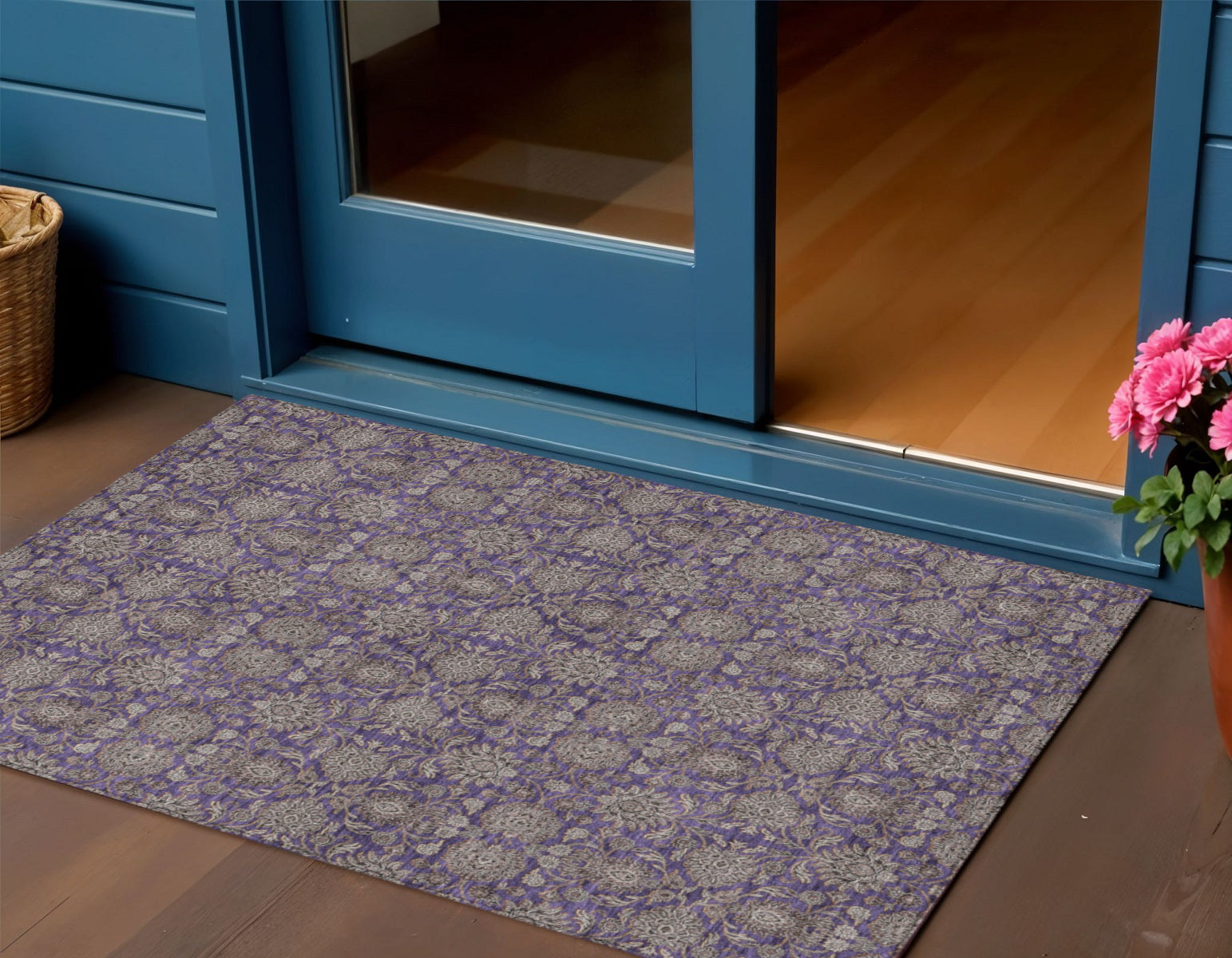 3 X 5 Purple Beige And Taupe Floral Washable Indoor Outdoor Area Rug