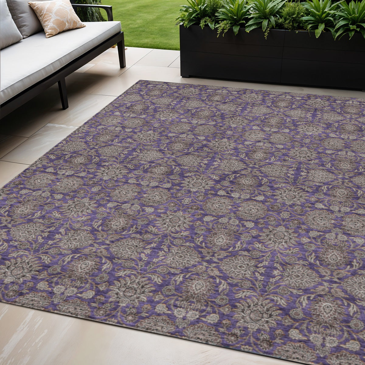 5 X 8 Purple Beige And Taupe Floral Washable Indoor Outdoor Area Rug