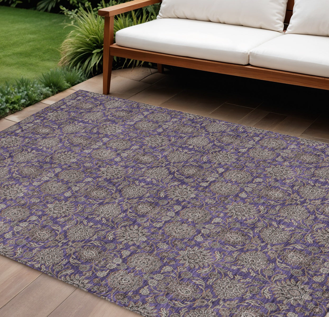 10 X 14 Purple Beige And Taupe Floral Washable Indoor Outdoor Area Rug