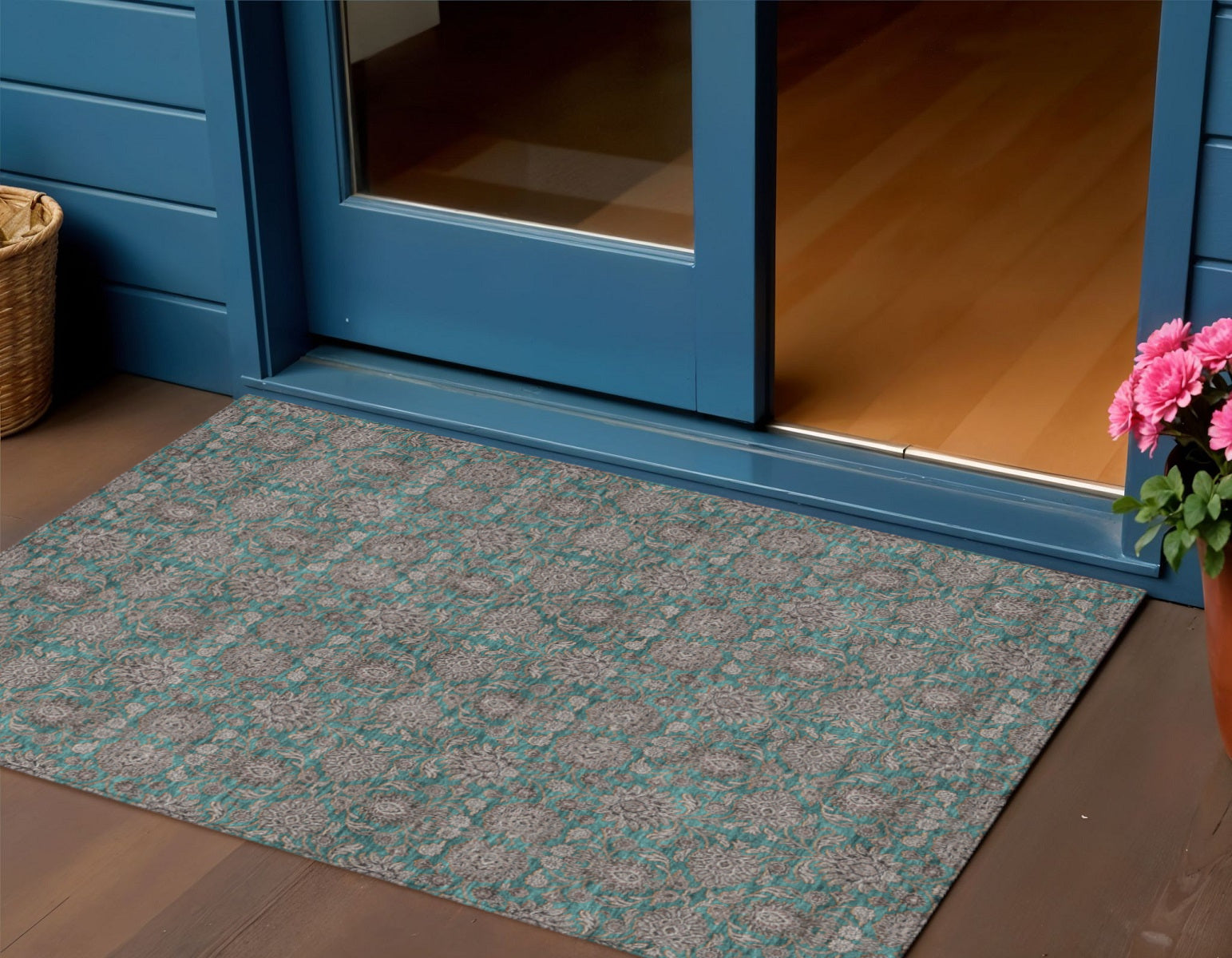 3 X 5 Teal Blue Beige And Taupe Floral Washable Indoor Outdoor Area Rug