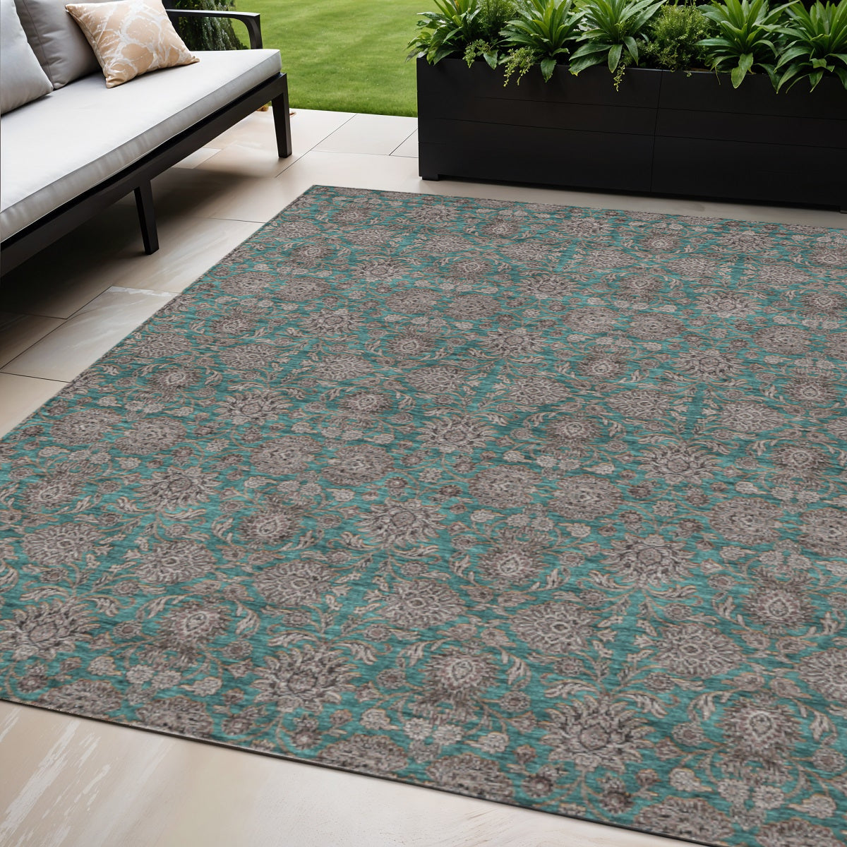 5 X 8 Teal Blue Beige And Taupe Floral Washable Indoor Outdoor Area Rug