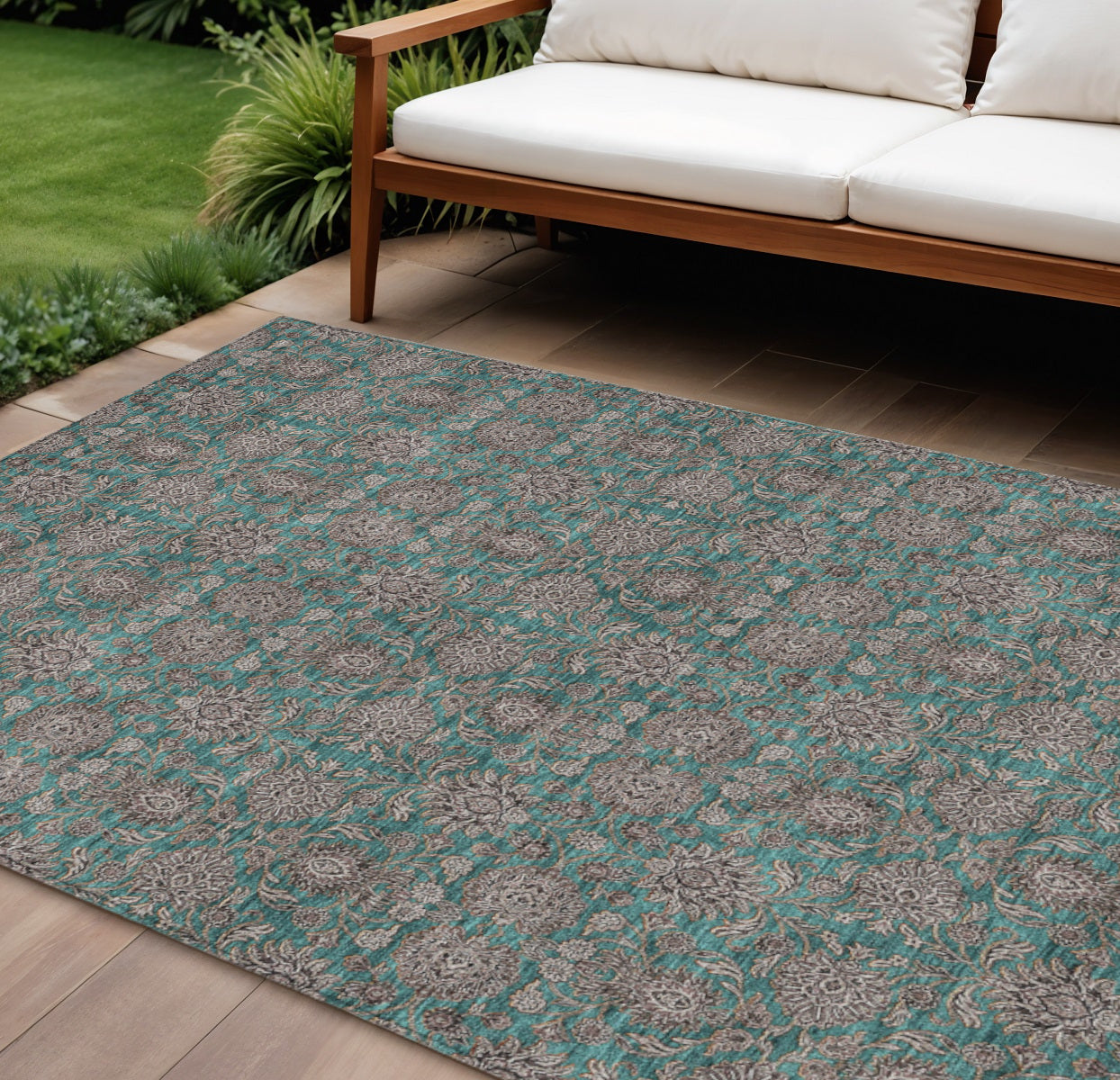 9 X 12 Teal Blue Beige And Taupe Floral Washable Indoor Outdoor Area Rug