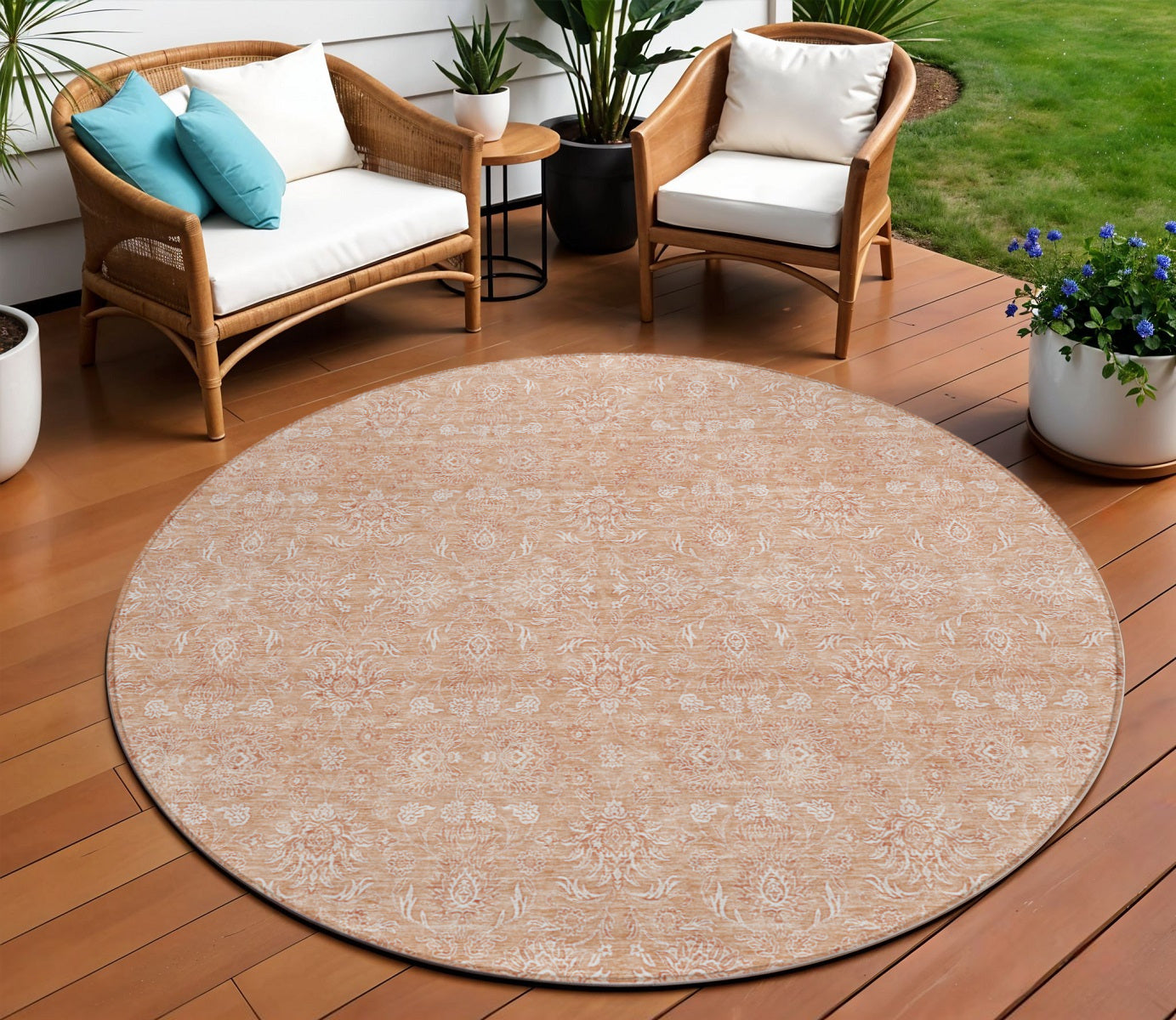 8 Copper And Beige Round Floral Washable Indoor Outdoor Area Rug
