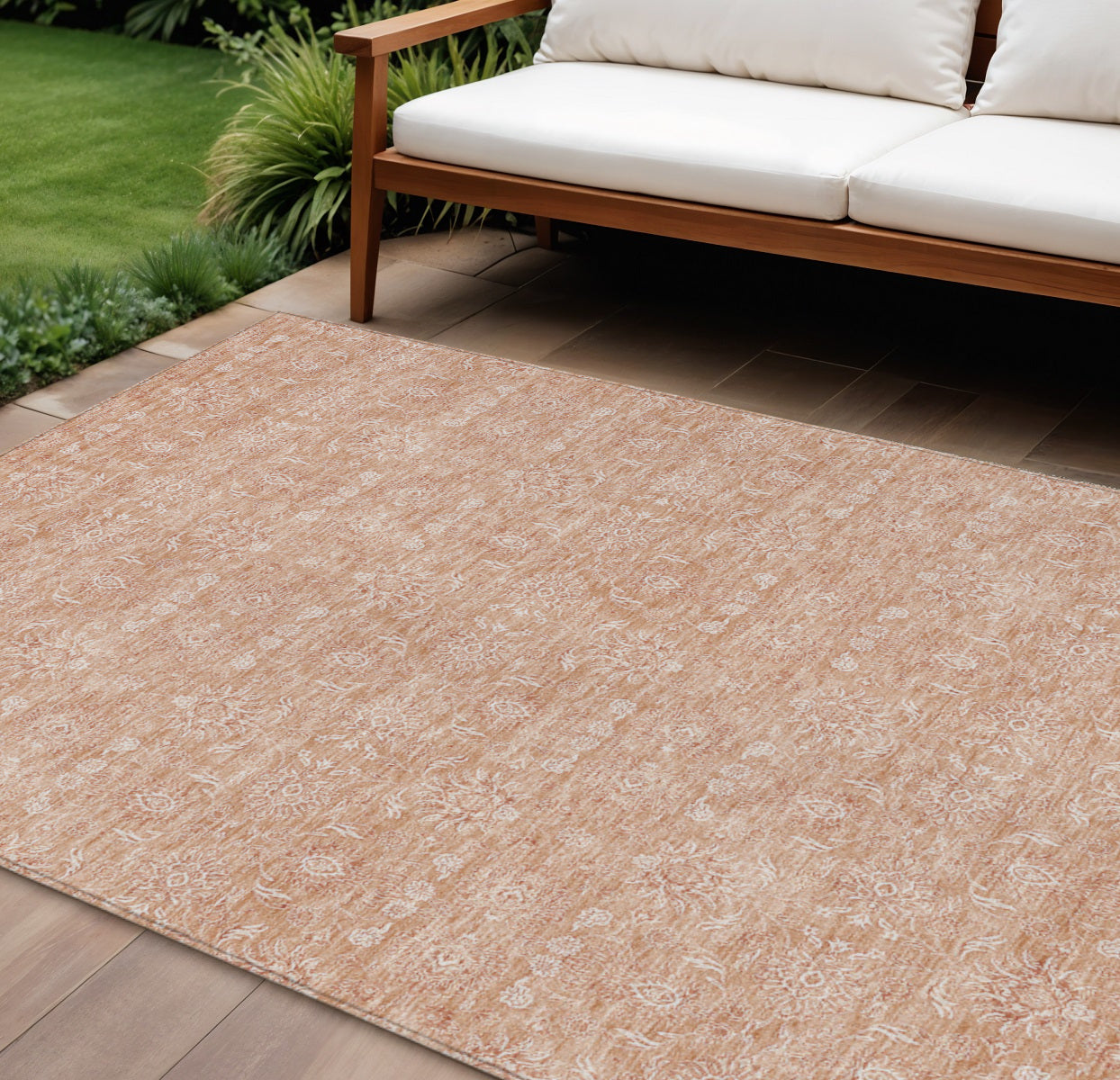 10 X 14 Copper And Beige Floral Washable Indoor Outdoor Area Rug