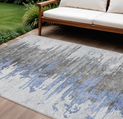 10 X 14 Blue Gray And Silver Abstract Washable Indoor Outdoor Area Rug