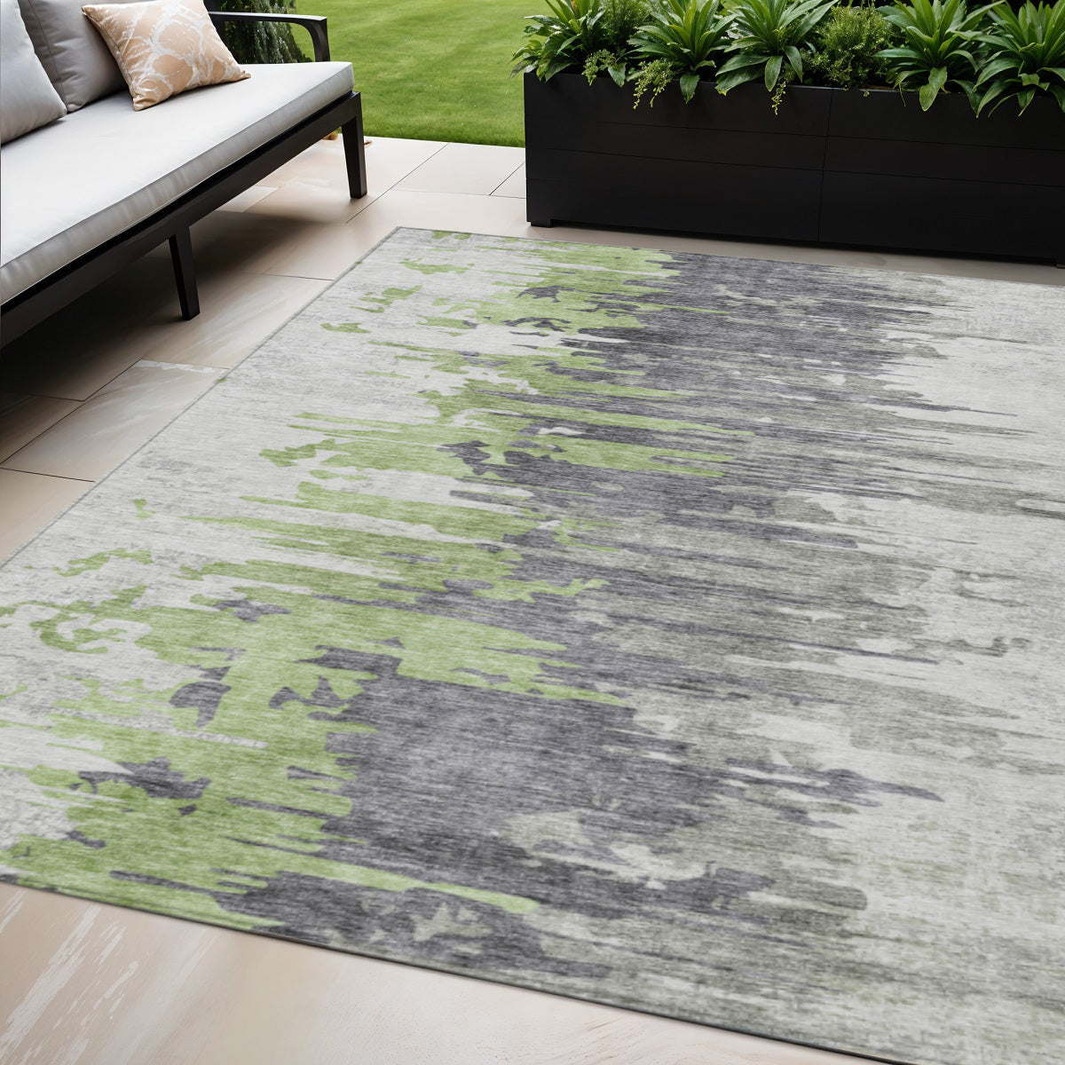 5 X 8 Green And Silver Abstract Washable Indoor Outdoor Area Rug