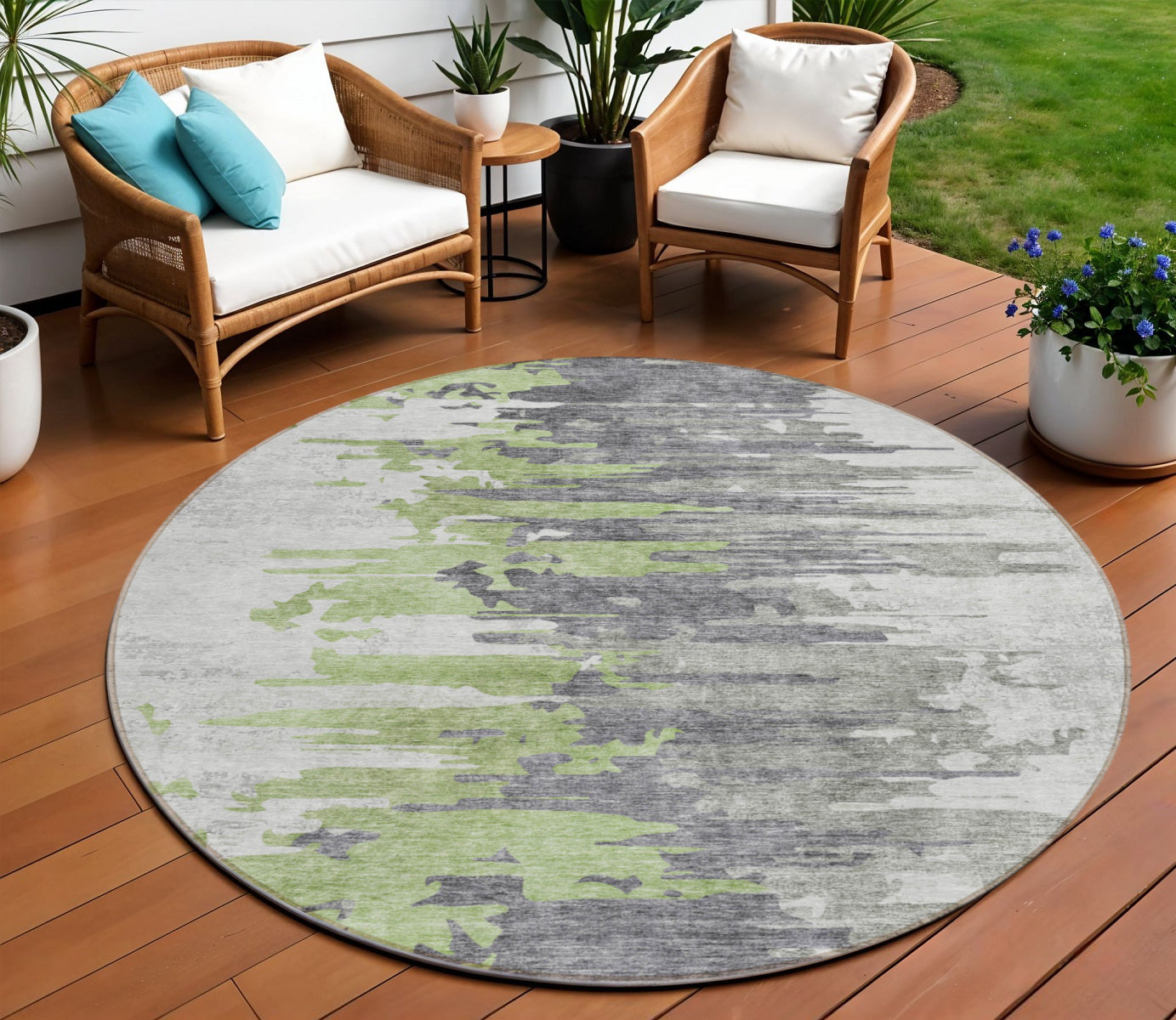 8 Green And Silver Round Abstract Washable Indoor Outdoor Area Rug