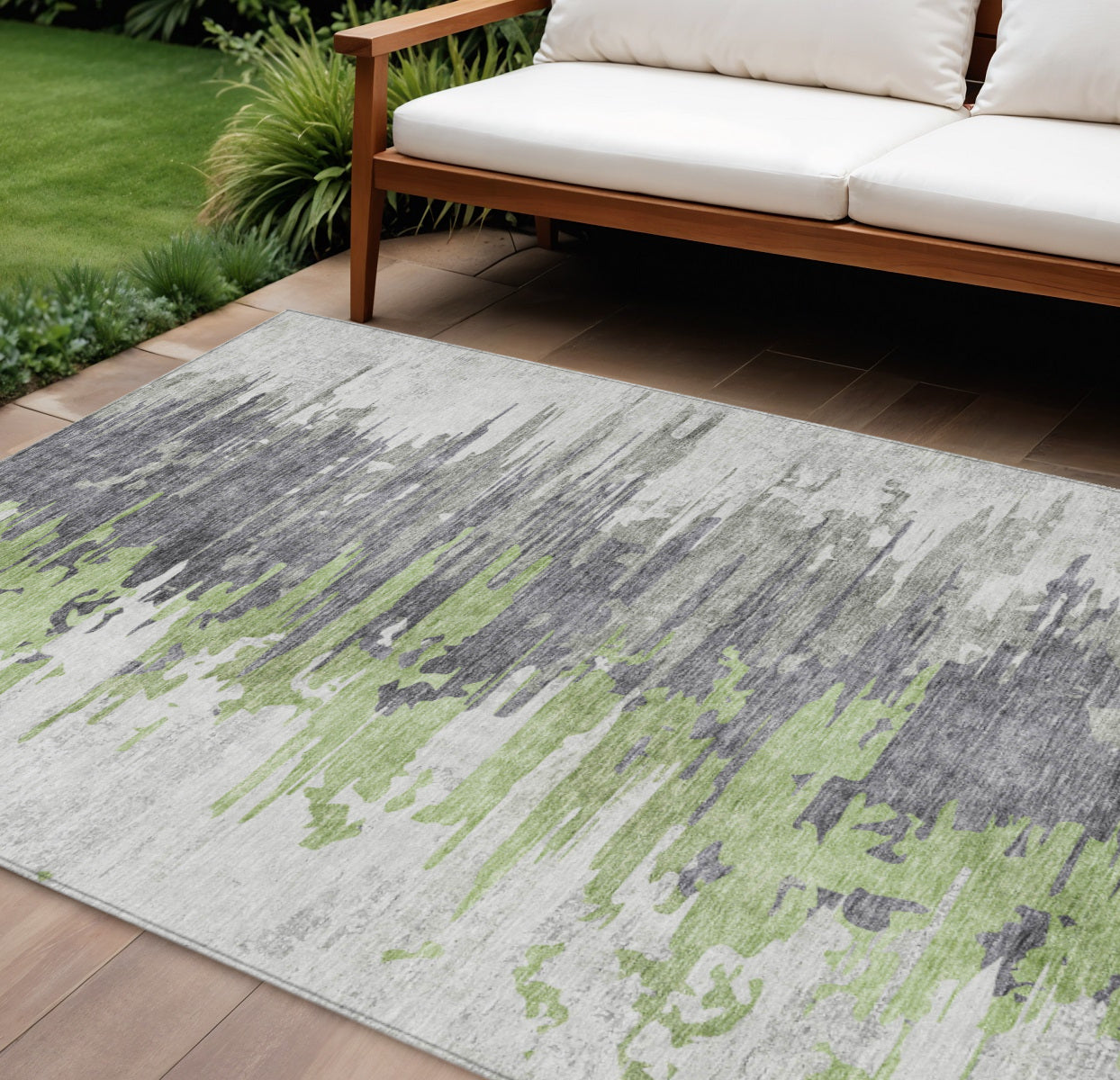 8 X 10 Green And Silver Abstract Washable Indoor Outdoor Area Rug