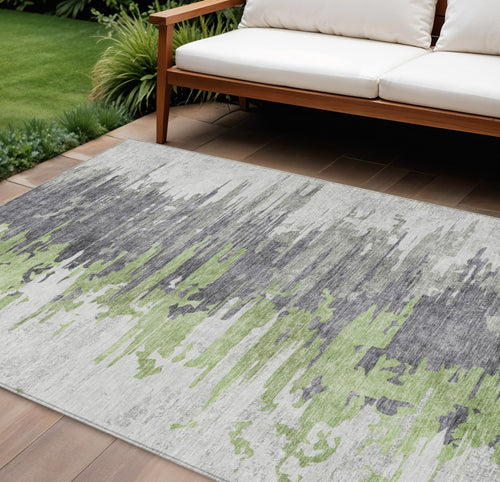 10 X 14 Green And Silver Abstract Washable Indoor Outdoor Area Rug