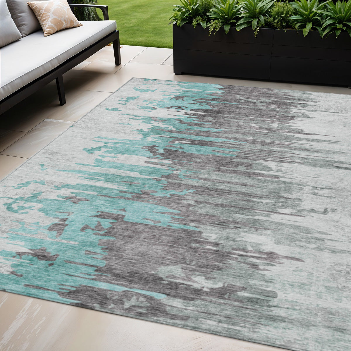 5 X 8 Teal Blue Charcoal And Silver Abstract Washable Indoor Outdoor Area Rug