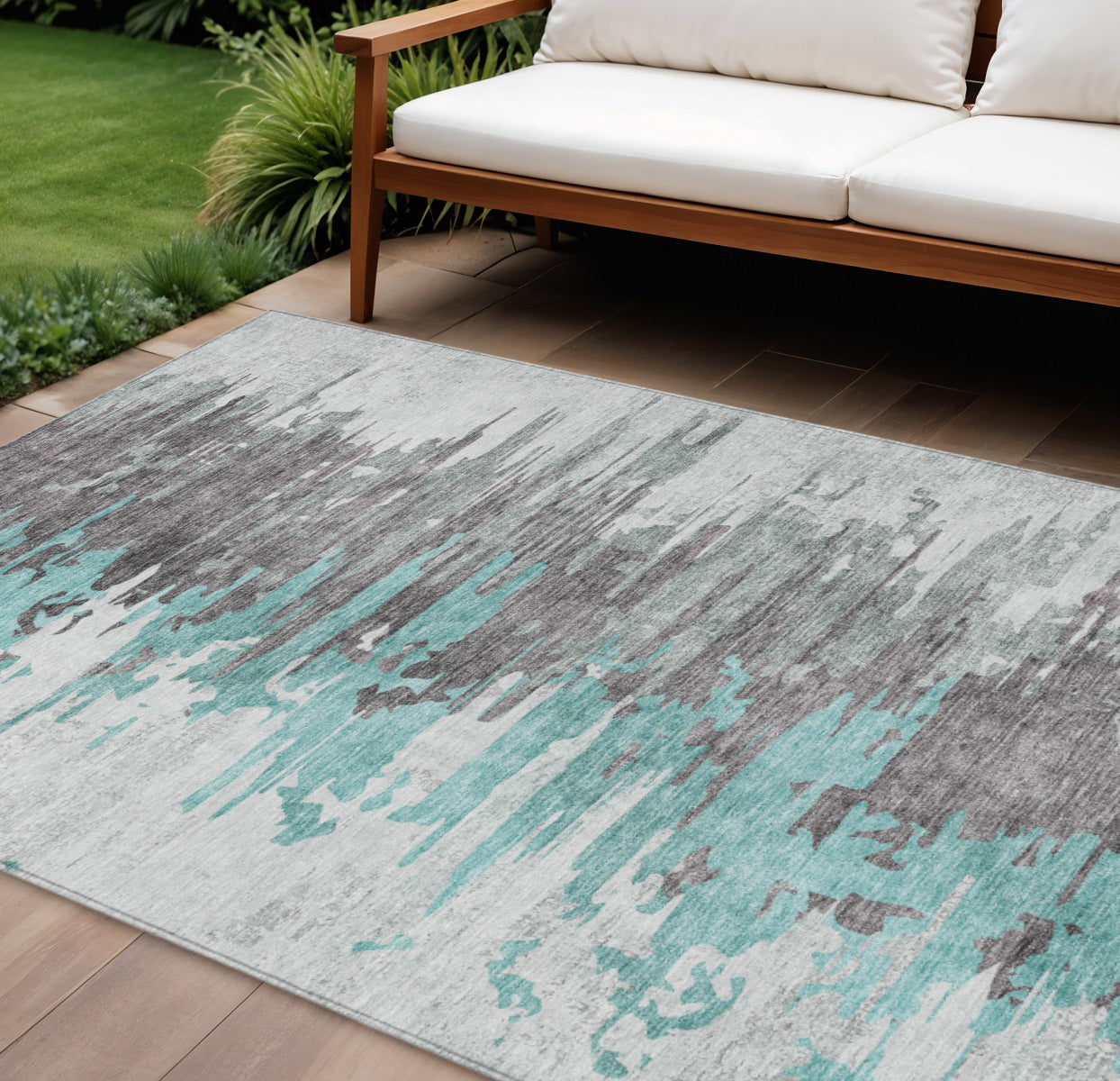 8 X 10 Teal Blue Charcoal And Silver Abstract Washable Indoor Outdoor Area Rug