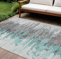 9 X 12 Teal Blue Charcoal And Silver Abstract Washable Indoor Outdoor Area Rug