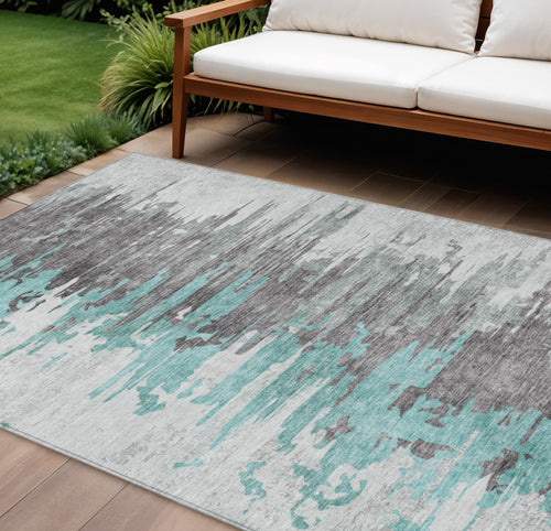10 X 14 Teal Blue Charcoal And Silver Abstract Washable Indoor Outdoor Area Rug