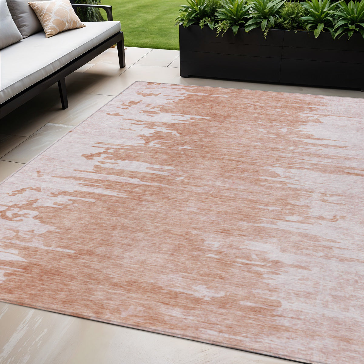 5 X 8 Terra Cotta Salmon And Copper Abstract Washable Indoor Outdoor Area Rug