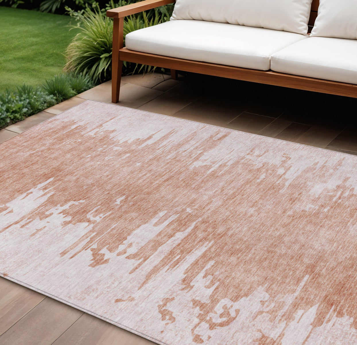9 X 12 Terra Cotta Salmon And Copper Abstract Washable Indoor Outdoor Area Rug