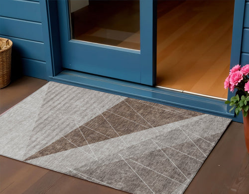 3 X 5 Gray Silver And Taupe Geometric Washable Indoor Outdoor Area Rug