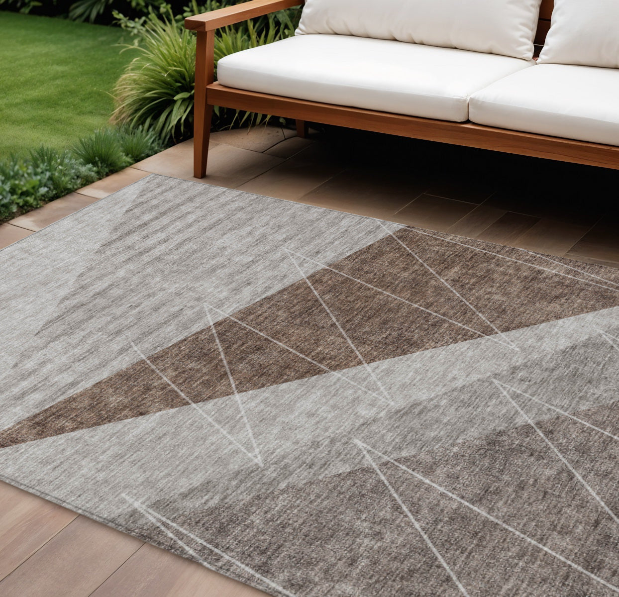 10 X 14 Gray Silver And Taupe Geometric Washable Indoor Outdoor Area Rug