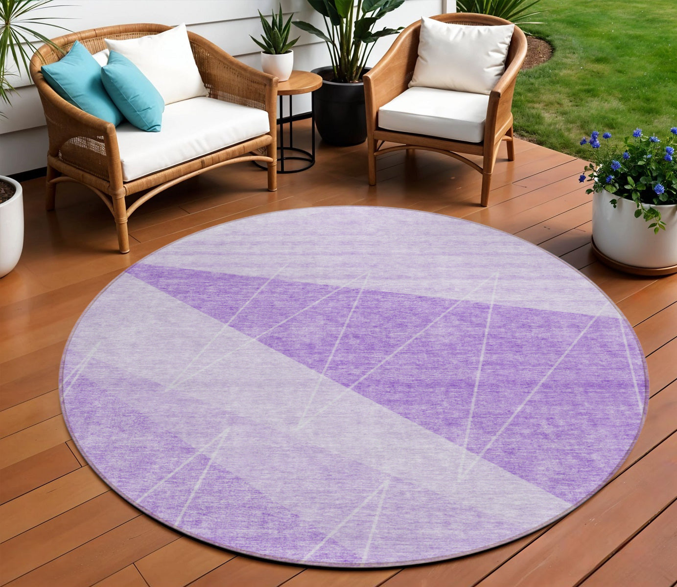8 Lavender And Purple Round Geometric Washable Indoor Outdoor Area Rug