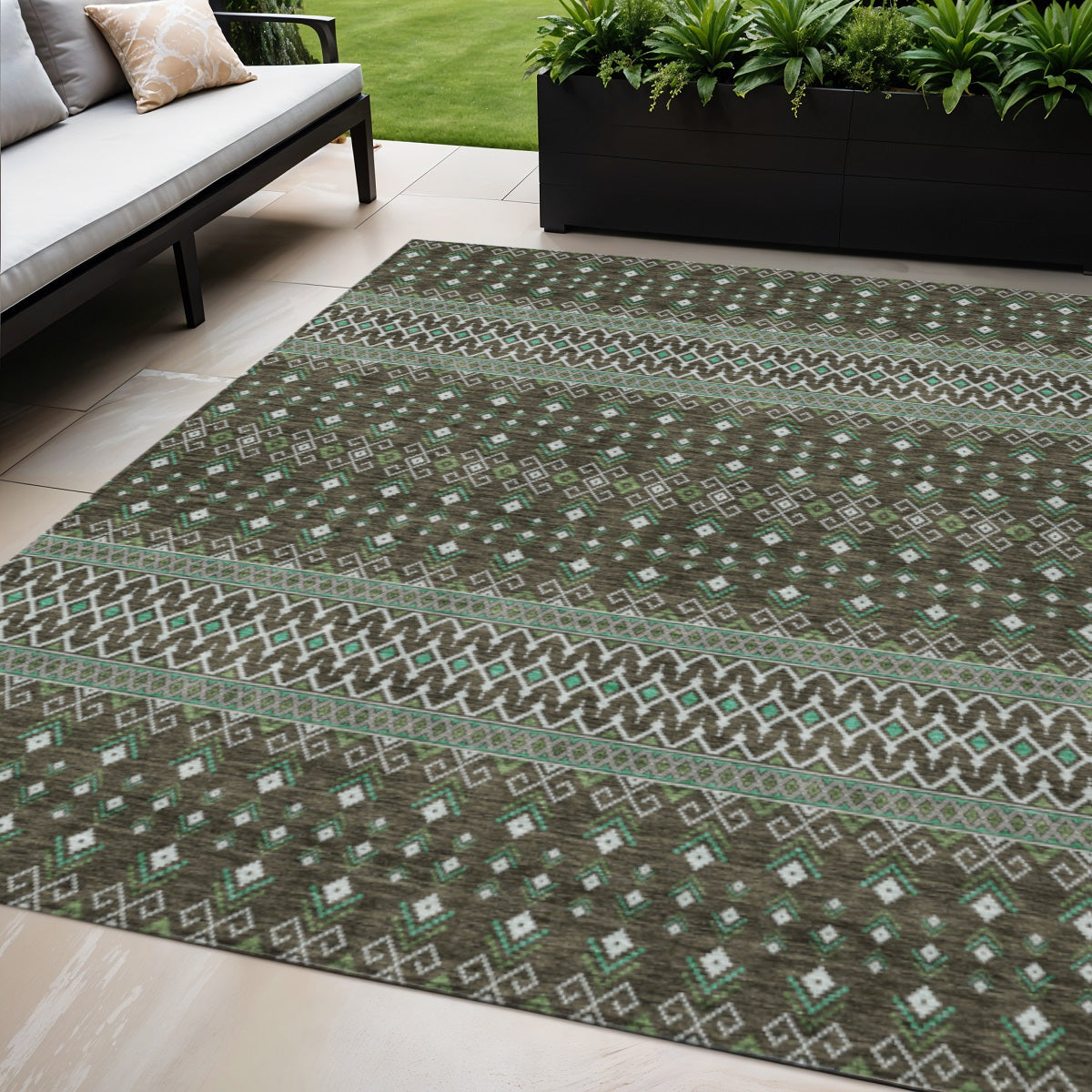 5 X 8 Brown Green And Olive Green Tribal Washable Indoor Outdoor Area Rug
