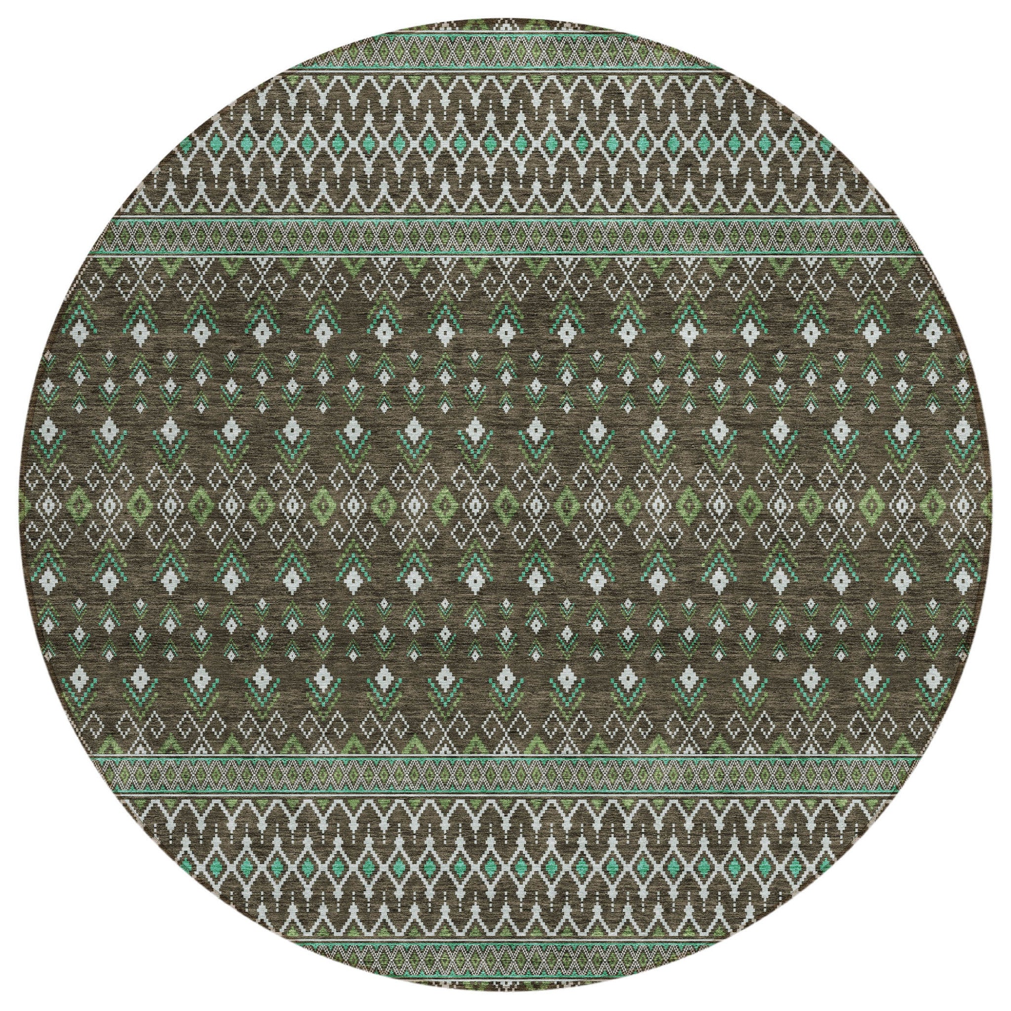 8 Brown Green And Olive Green Round Tribal Washable Indoor Outdoor Area Rug