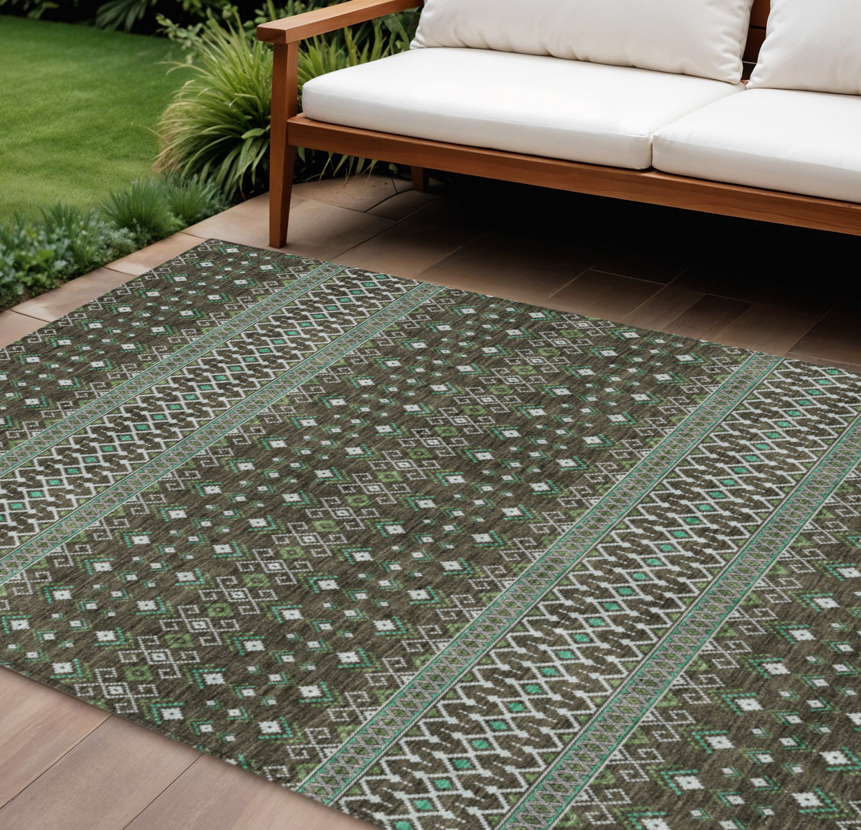 10 X 14 Brown Green And Olive Green Tribal Washable Indoor Outdoor Area Rug